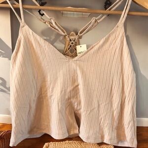 Aerie Beige Ribbed Cream Strappy Crop Lace back bralette sz large medium